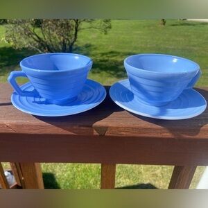 2 Vintage Hazel Atlas Platonite Moderntone Glass Pastel Blue Cups and Saucers